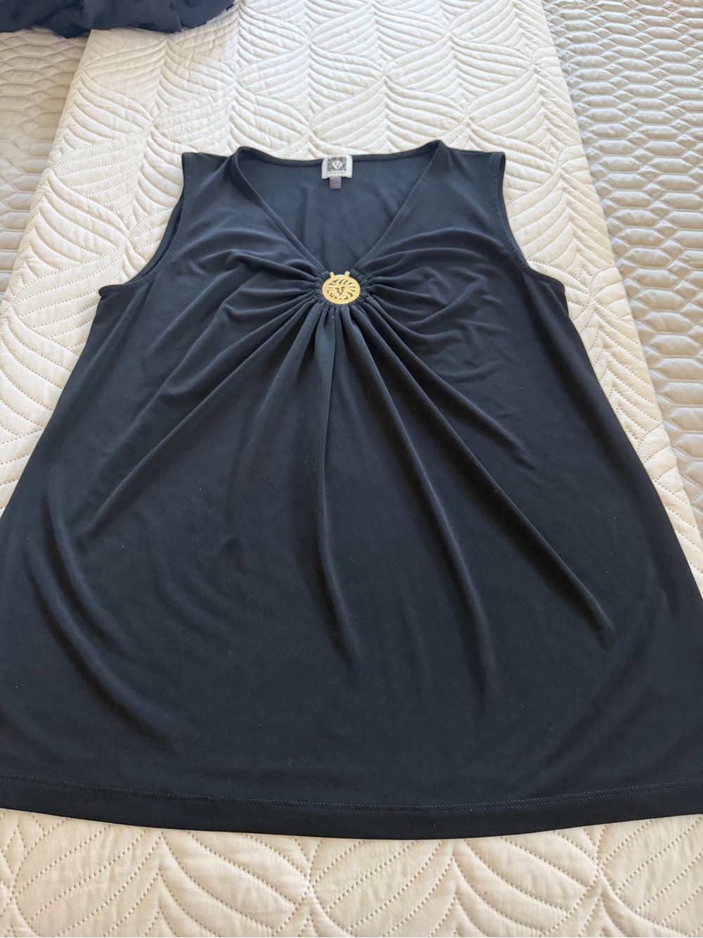 Sleeveless Black Gathered Front Tank with Gold Accent